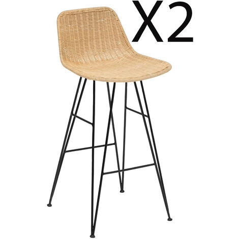 Lot de 2 chaises de bar en bois de rotin coloris Beige et pieds en métal coloris noir - Longueur 43 x Profondeur 43 x Hauteur 90 cm -PEGANE-