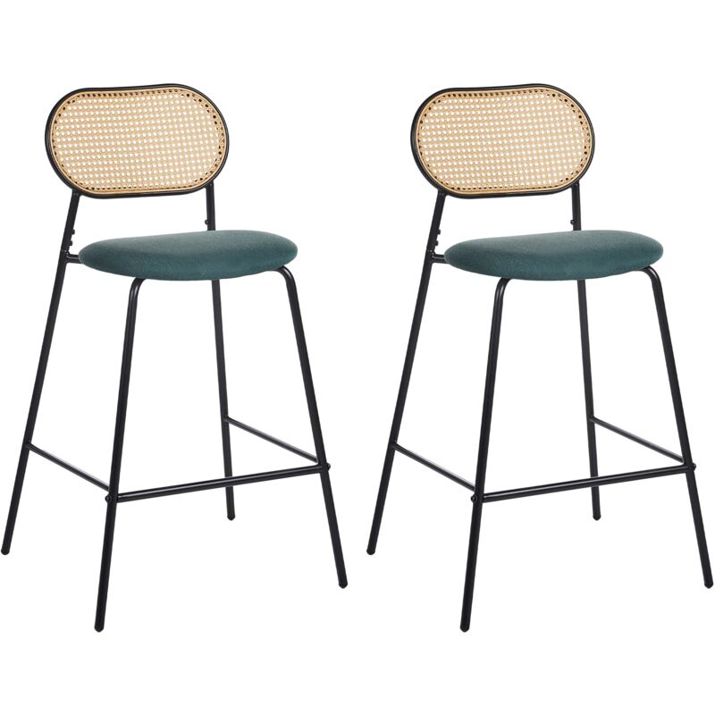 Beliani - Lot de 2 Chaises de Bar en Métal Dossier en Rotin Rembourrés Tabourets de Comptoir Noir Adaver