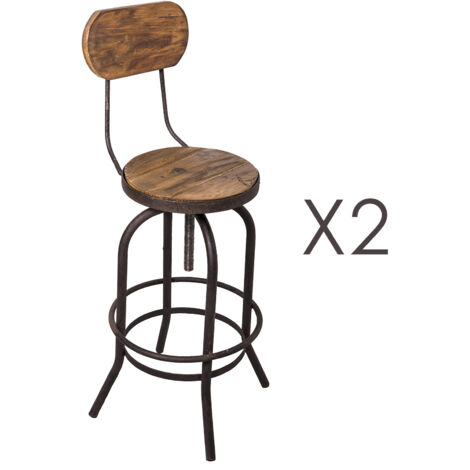 Lot de 2 chaises de bar en pin vieilli naturel et métal - MAGNY