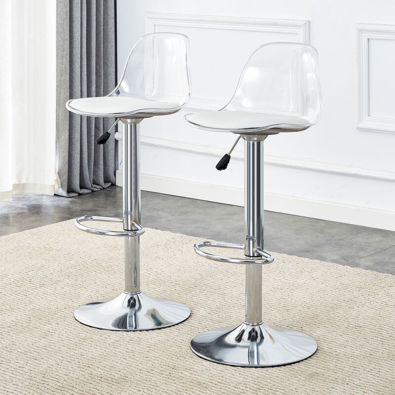 Lot de 2 chaises de bar en réglable 81,8–99 cm – dossier transparent, assise pivotante 360°, repose-pieds, pieds métal argentés