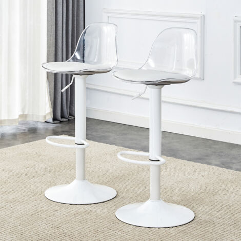 Lot de 2 chaises de bar en réglable 81,8–99 cm – dossier transparent, assise pivotante 360°, repose-pieds, pieds métal blancs