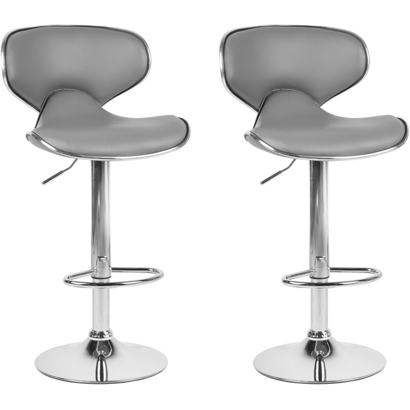 Beliani - Lot de 2 Chaises Tabourets de Bar en Cuir pu Gris et Métal Brillant Pivotantes et Réglables pour Cuisine ou Salle à Manger Ultra Moderne