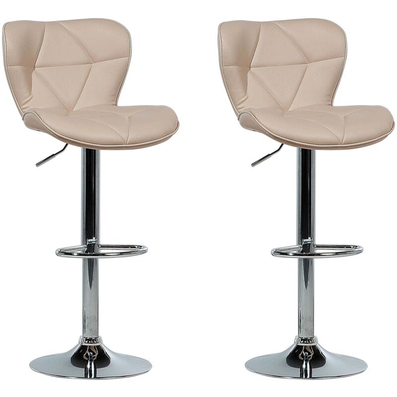 Lot 2 Chaises de Bar Cuir PU Beige Design avec Pied en Métal Argenté Hauteur Ajustable pour Coin Bar au Style Moderne Beliani