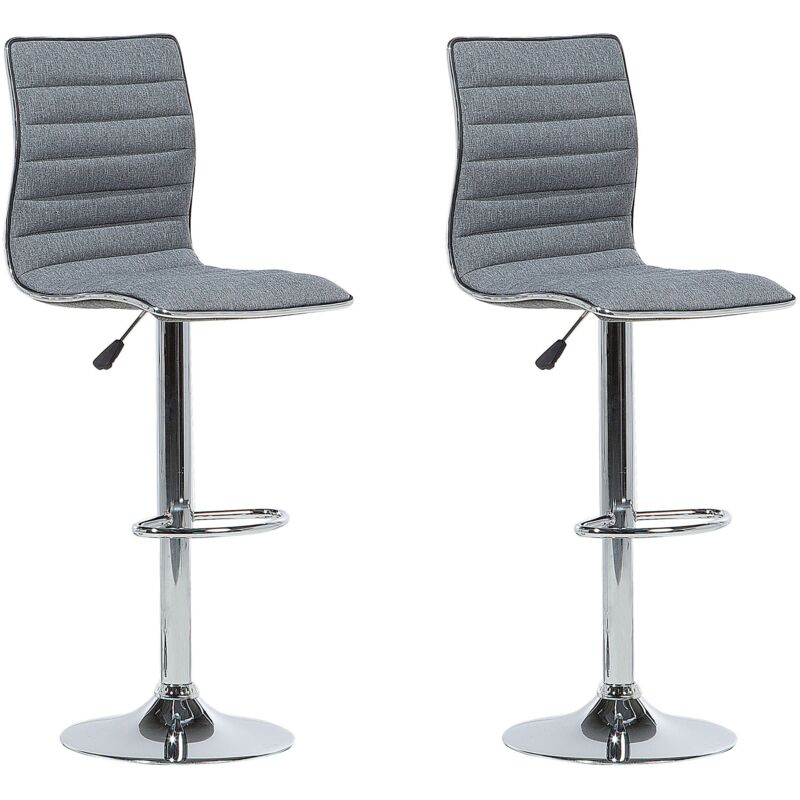 Beliani - Lot 2 Chaises de Bar Tapissés en Tissu Gris avec Pied Métallique Réglables et Pivotantes pour Salle à Manger et Cuisine au Design Moderne
