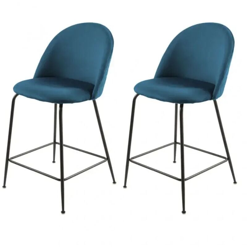 Meubletmoi - Lot de 2 chaises de bar en velours bleu piètement métal noir - fara