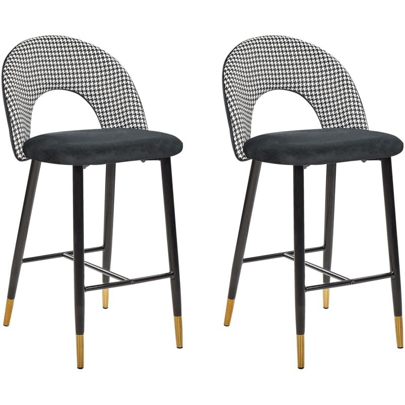 Beliani - Ensemble de 2 Chaises de Bar Rétro en Velours Noir et Blanc Pieds en Acier Noir Détails Dorés Falton