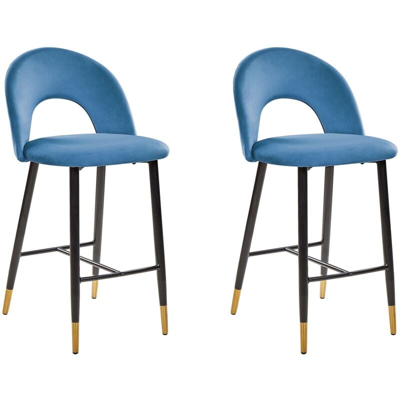 Beliani - 2 Tabourets Chaises Hautes de Bar en Velours Bleu Pieds Noirs et Dorés Design et Confort pour Cuisine ou Salon Rétro et Glamour