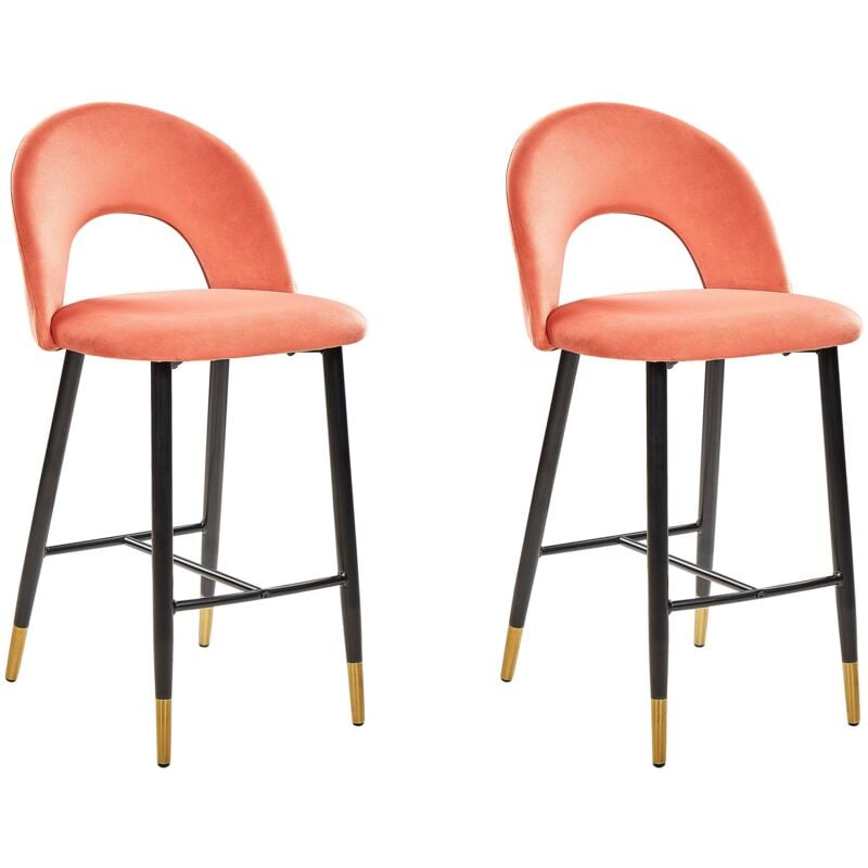 Beliani - 2 Tabourets Chaises Hautes de Bar en Velours Rouge Corail Pieds Noirs et Dorés Design et Confort pour Cuisine ou Salon Rétro et Glamour