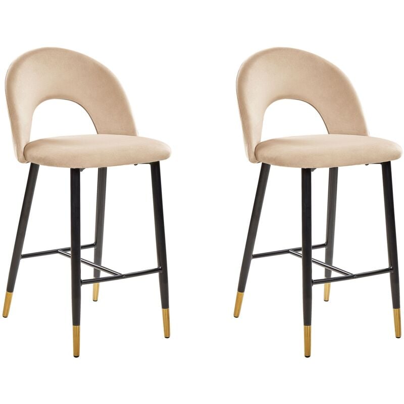 Beliani - 2 Tabourets Chaises Hautes de Bar en Velours Beige Pieds Noirs et Dorés Design et Confort pour Cuisine ou Salon Rétro et Glamour