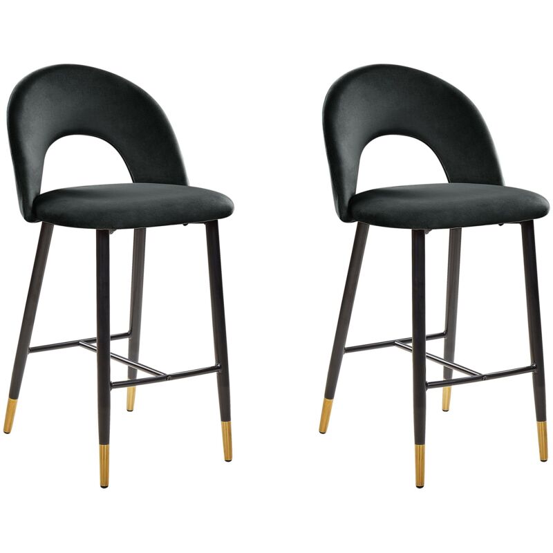 Beliani - 2 Tabourets Chaises Hautes de Bar en Velours Noir Pieds Noirs et Dorés Design et Confort pour Cuisine ou Salon Rétro et Glamour