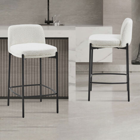 Lot de 2 chaises de bar H65 cm en tissu bouclette blanc - ELSA