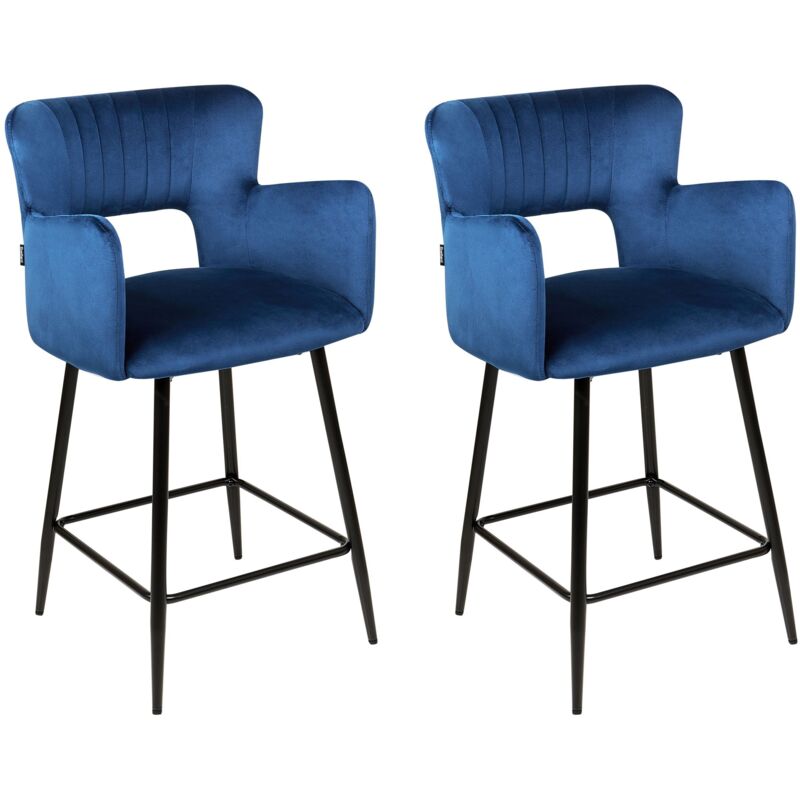 Beliani - Lot de 2 Chaises de Bar Moderne Rétro en Velours Pieds en Métal avec Accoudoirs Bleu Marine Sanilac