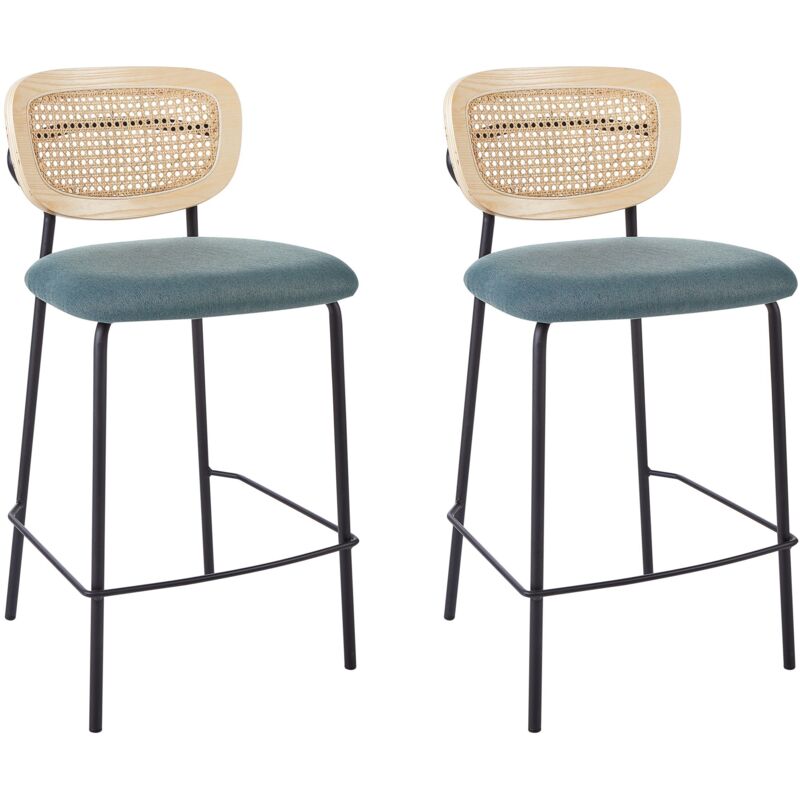 Beliani - Lot de 2 Chaises de Bar Moderne Tabourets Dossier en Rotin Tressé Viennois Polyester Sans Accoudoirs Pieds Noirs Bleu Mayetta