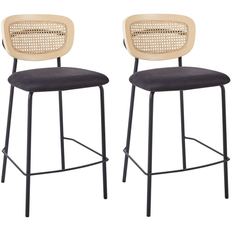Beliani - Lot de 2 Chaises de Bar Moderne Tabourets Dossier en Rotin Tressé Viennois Polyester Sans Accoudoirs Pieds Noirs Noir Mayetta