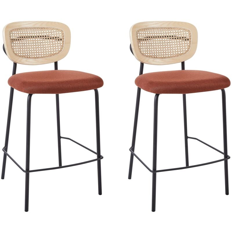 Lot de 2 Chaises de Bar Moderne Tabourets Dossier en Rotin Tressé Viennois Polyester Sans Accoudoirs Pieds Noirs Orange Mayetta