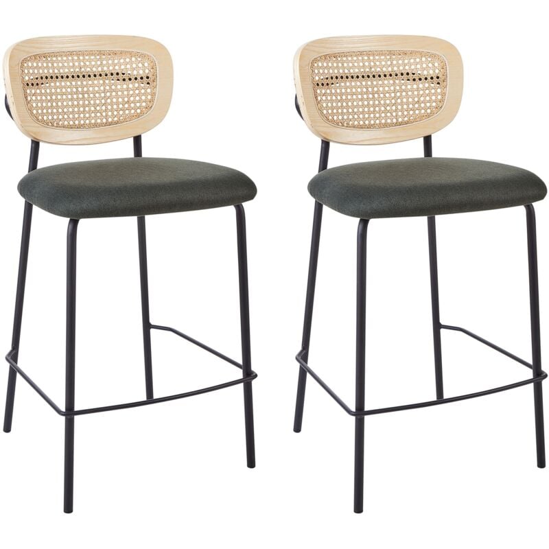 Beliani - Lot de 2 Chaises de Bar Moderne Tabourets Dossier en Rotin Tressé Viennois Polyester Sans Accoudoirs Pieds Noirs Vert Foncé Mayetta
