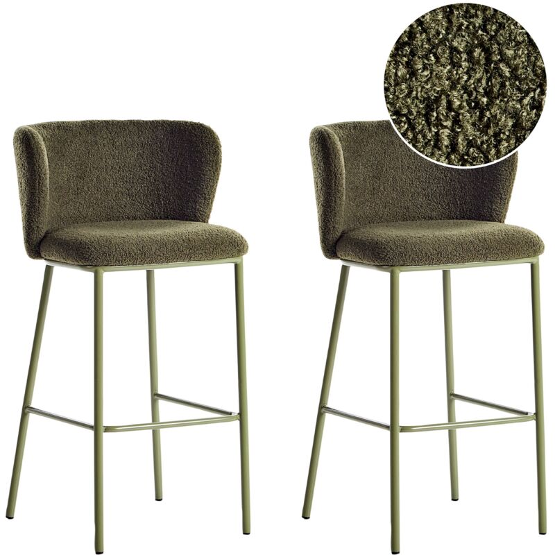 Beliani - Lot de 2 Chaises de Bar Pieds Noirs Dossier Incurvé Sans Accoudoirs en Bouclé Vert Mina ii