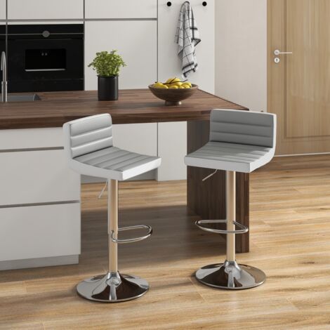 Lot de 2 Chaises de Bar Pivotantes Réglables avec Base en Métal Antidérapant et Repose-pieds Tabourets en Cuir PU Gris Et Blanc