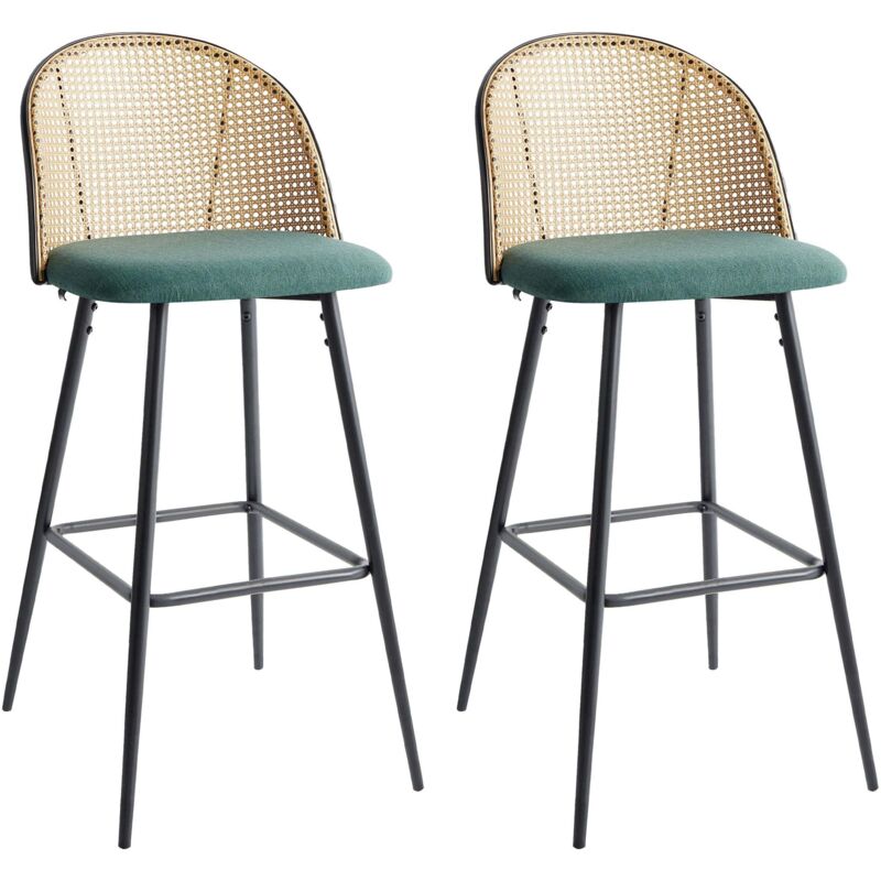 Lot de 2 Chaises de Bar Rétro en Métal Noir Dossier Tresse Viennoise Assise en Tissu Vert Cornell
