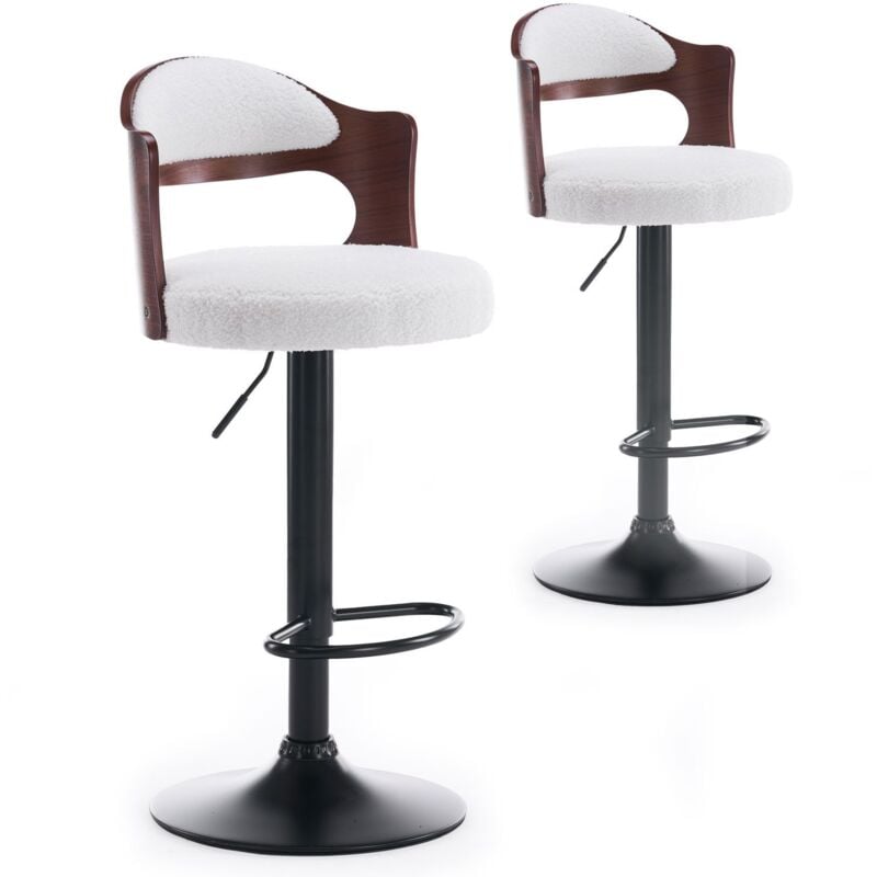 Cotecosy - Lot de 2 chaises de bar Ruben Métal noir avec Bois noisette & Tissu bouclette Crème
