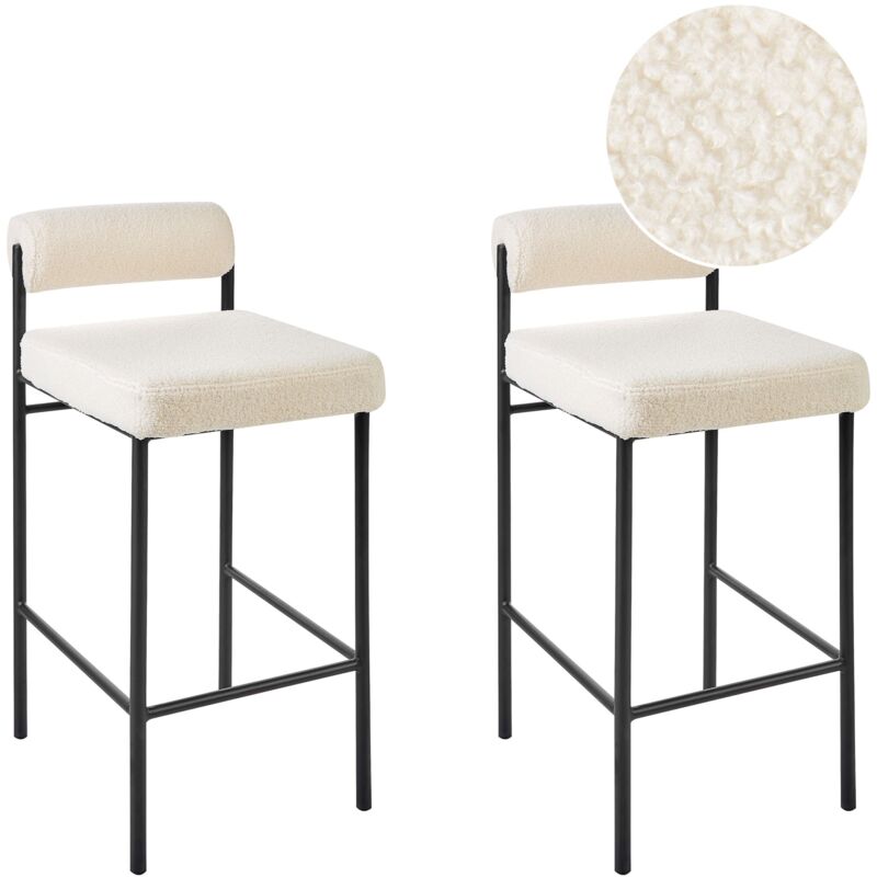 Beliani - Lot de 2 Chaises de Bar Sans Accoudoirs avec Dossier Boudin en Tissu Bouclé Blanc Amaya