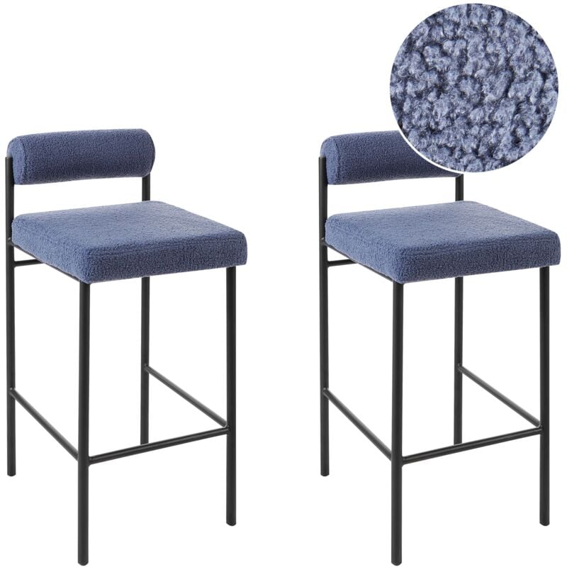 Beliani - Lot de 2 Chaises de Bar Sans Accoudoirs avec Dossier Boudin en Tissu Bouclé Bleu Amaya