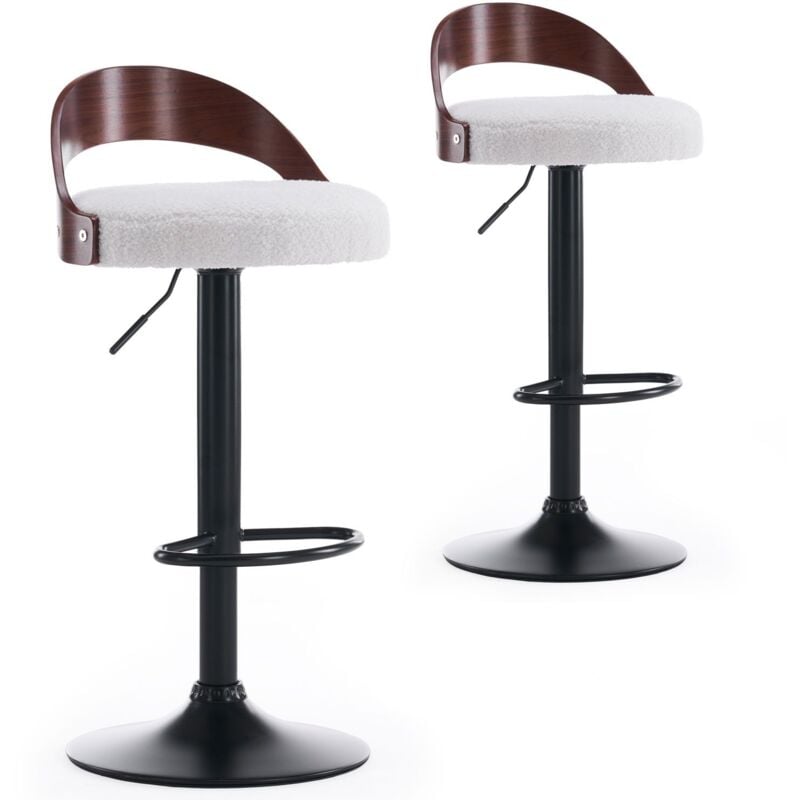 Cotecosy - Lot de 2 chaises de bar Yoggi Bois foncé et Tissu bouclette Crème