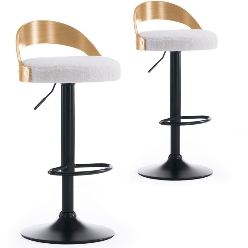 Cotecosy - Lot de 2 chaises de bar Yoggi Bois Chêne clair et Tissu bouclette Crème