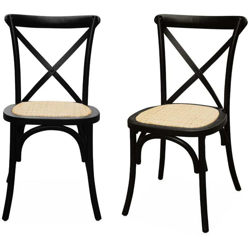 Sweeek - Lot de 2 chaises de bistrot en bois d'hévéa noir. vintage. assise en rotin. empilables