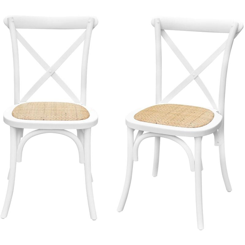 Sweeek - Lot de 2 chaises de bistrot en bois d'hévéa blanc. vintage. assise en rotin. empilables