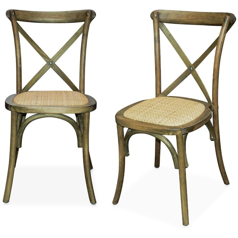 Lot de 2 chaises de bistrot en bois d'hévéa marron vieilli. vintage. assise en rotin. empilables