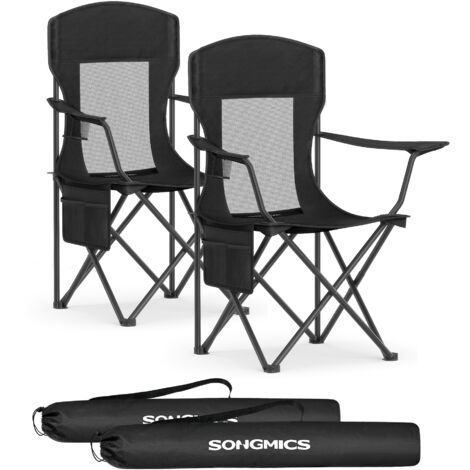 Lot de 2 Chaises de Camping, Chaises Pliantes, Chaises de Pêche, Dossier Haut, Accoudoirs Réglables, Porte-Gobelet, Supporter jusqu’à 150 kg, pour Camping, Jardin, Noir d’Encre