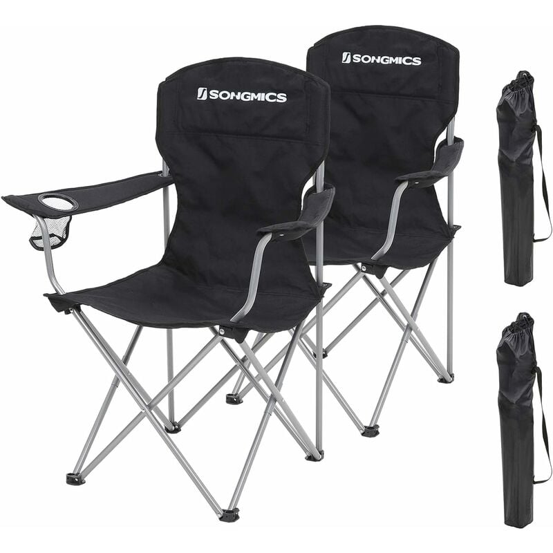 Songmics - Lot de 2 Chaises de Camping, Confortable, Structure Robuste, Charge Max de 150 kg, avec Porte-Bouteille, Chaise d'extérieur Noir GCB08BK