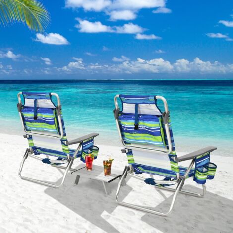 Lot de 2 Chaises de Camping Plage Pliante Table Enroulable en Aluminium Appui-tête Dossier Réglable à 5 Positions Bleu