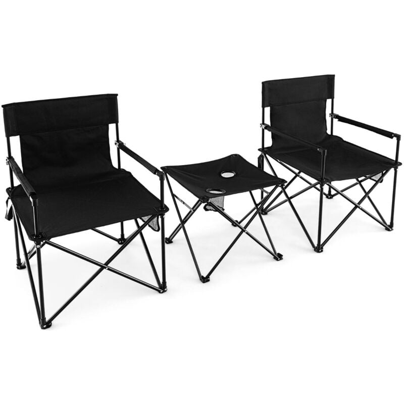 Lot de 2 chaises de camping pliante charge 180 kg table d'appoint porte-gobelets poches de rangement pique-nique pêche noir
