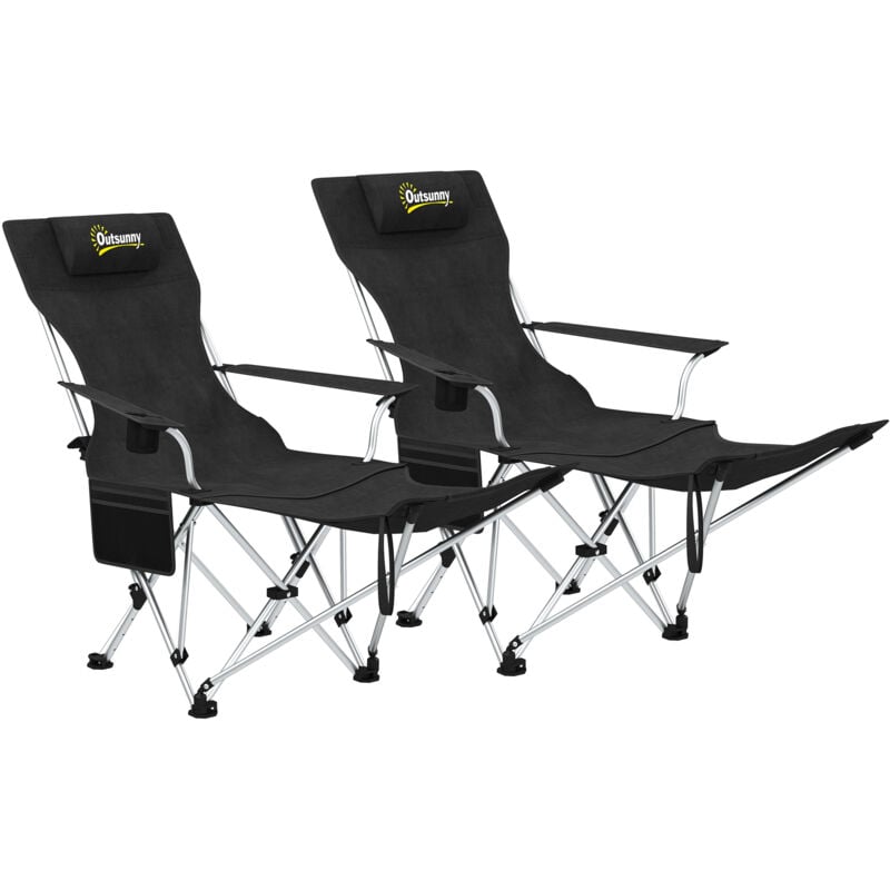 Outsunny - Lot de 2 chaises de camping pliantes - repose-pied amovible, rangements - sac transport - noir