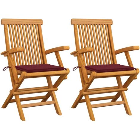 Lot de 2 Chaises de jardin avec coussins rouge bordeaux Fauteuil de Jardin Chaise d'extérieur Teck massif 42881