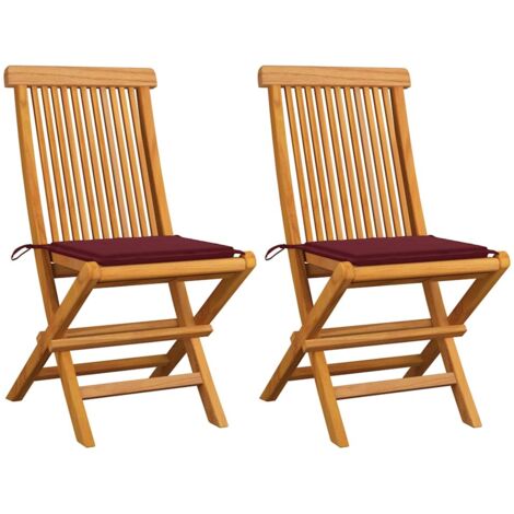 Lot de 2 Chaises de jardin avec coussins rouge bordeaux Fauteuil de Jardin Chaise d'extérieur Teck massif 91304