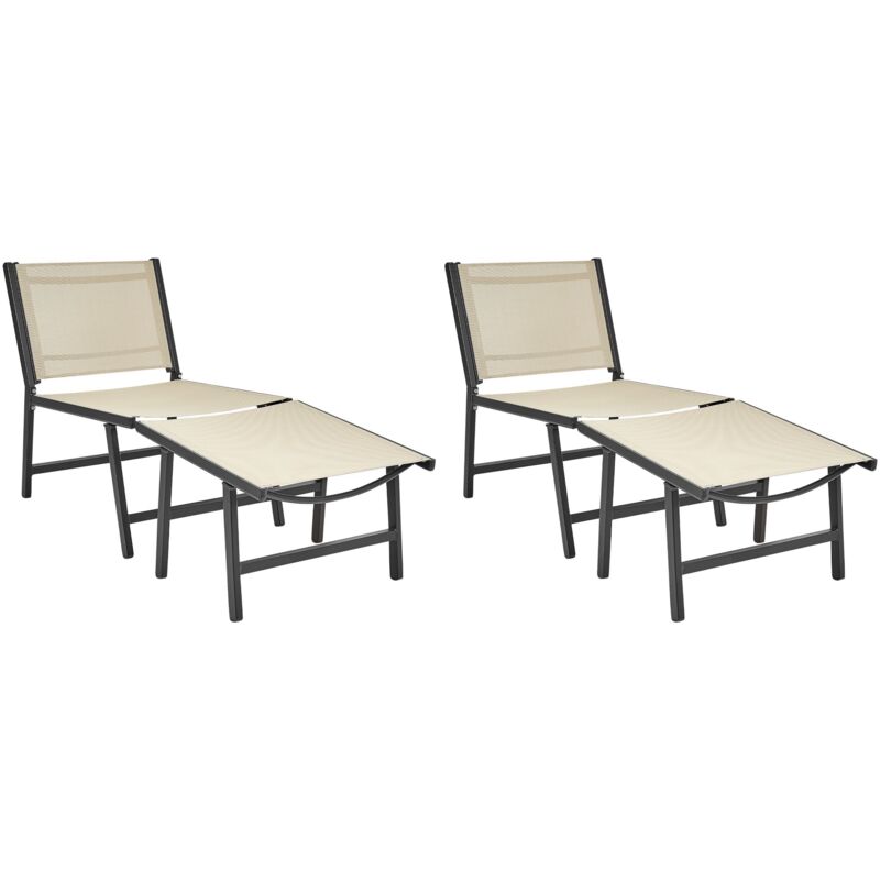 Lot de 2 Chaises de Jardin avec Repose-Pieds Moderne en Textilène Extérieur Structure en Métal Beige et Noir Marceddi