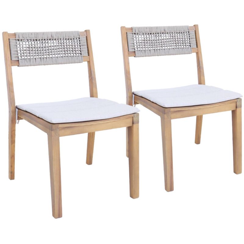 Lot de 2 chaises de jardin beige galena bois d'acacia avec coussin et corde. 52 x 55 x 81 cm