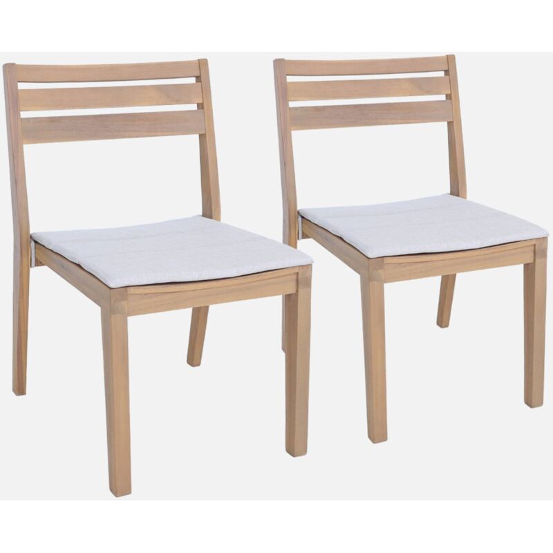 Lot de 2 chaises de jardin beige merina bois d'acacia avec coussin. 52 x 55 x 81 cm