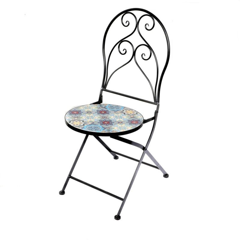 Meublorama - Lot de 2 chaises de jardin bistrot pliables collection porto – Mosaïque décorative – Métal noir – 30x50x93 cm