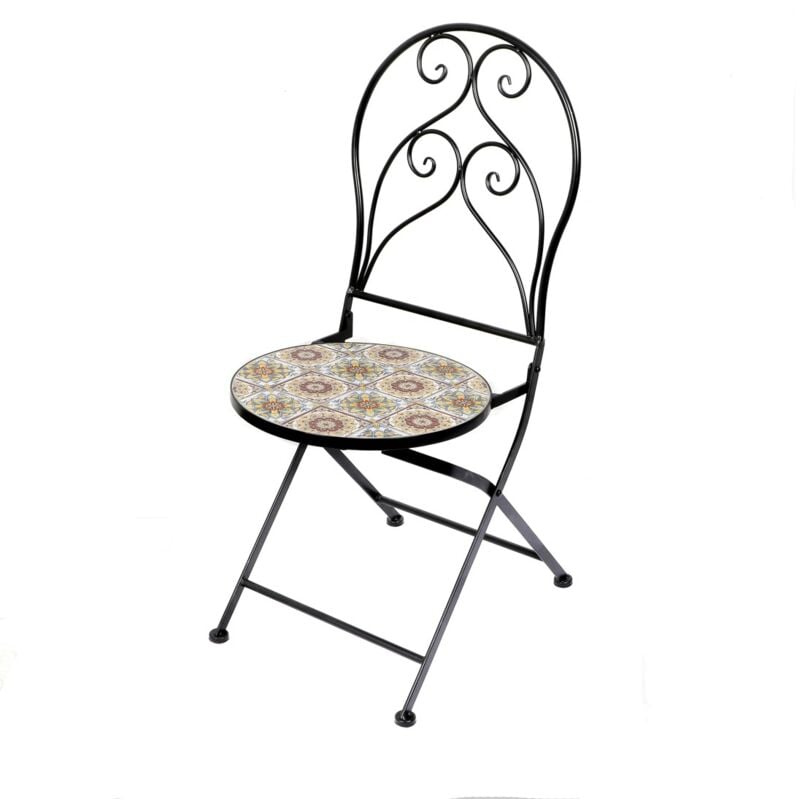 Meublorama - Lot de 2 chaises de jardin bistrot pliables – Mosaïque décorative – Métal noir – 30x50x93 cm