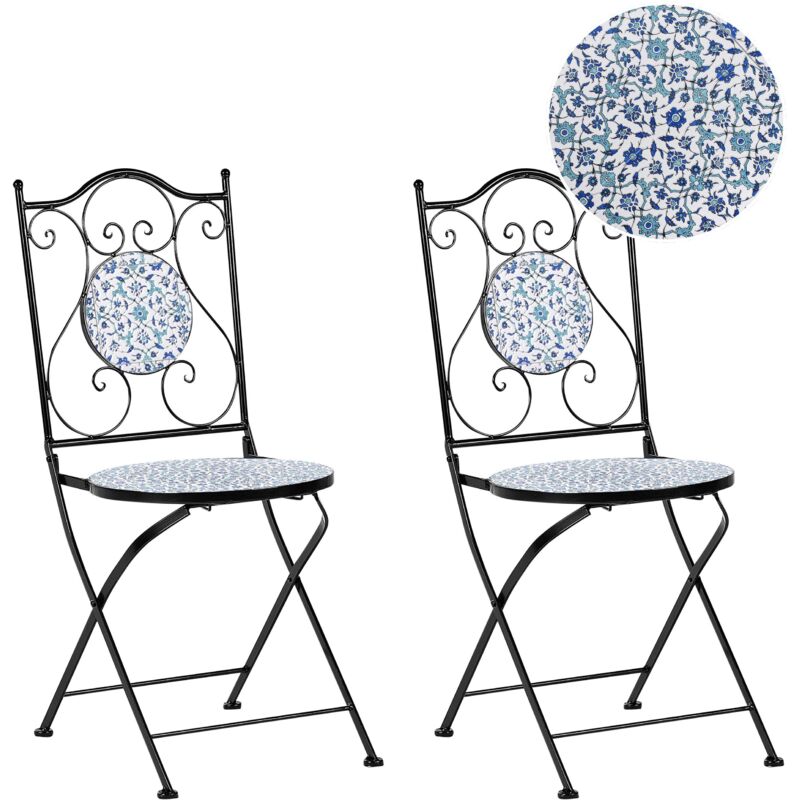 Lot de 2 Chaises de Jardin Bistrot Vintage en Métal Extérieur Motif Floral Mosaïque Pliantes Noir Chapeco