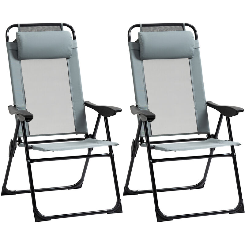 Lot de 2 chaises de jardin camping pliables - dossier inclinable 5 positions - tétière incluse - acier époxy oxford textilène gris - Gris