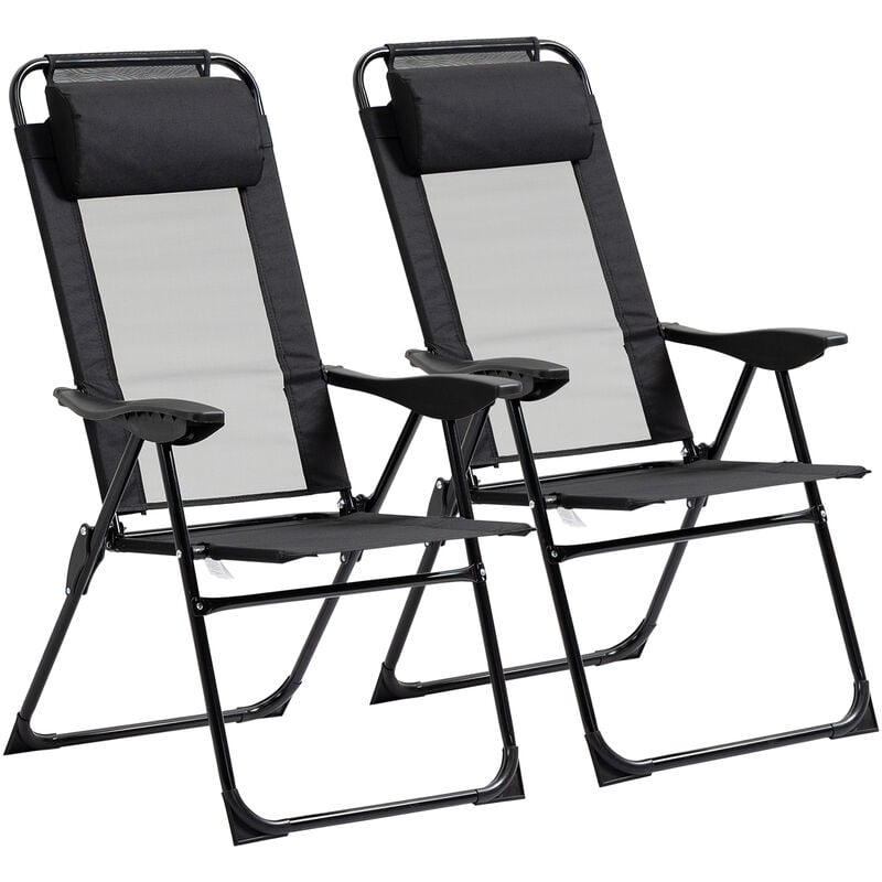 Outsunny - Lot de 2 chaises de jardin camping pliables - dossier inclinable 5 positions - tétière incluse - acier époxy oxford textilène noir - Noir