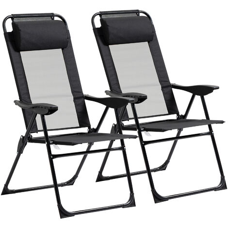 Lot de 2 chaises de jardin camping pliables - dossier inclinable 5 positions - tétière incluse - acier époxy oxford textilène noir