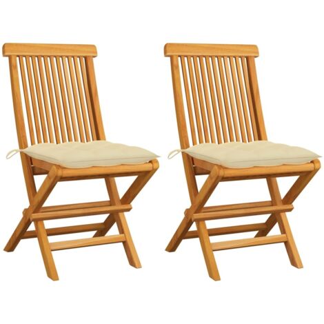 Lot de 2 Chaises de jardin - Chaises d'extérieur pour terrasse/jardin avec coussins blanc crème Teck massif BV610063 - BonneVie