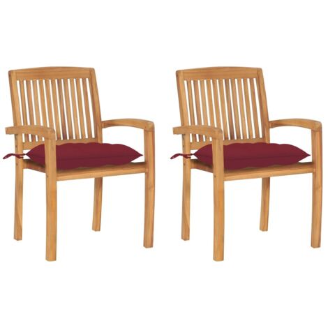 Lot de 2 Chaises de jardin - Chaises d'extérieur pour terrasse/jardin avec coussins bordeaux Teck massif BV790896 - BonneVie