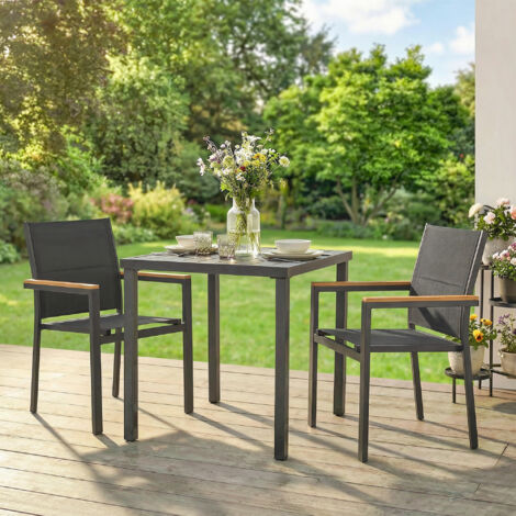 Lot de 2 Chaises de Jardin Empilables. Assise et Dossier Rembourrés. Accoudoir en Bois Plastique. 56x55x85cm. Gris Foncé